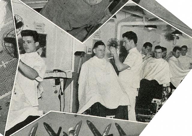 Midway Barbershop photo from the 1947-48 cruise book. Chester is the third barber from the left (head slightly tilted down)