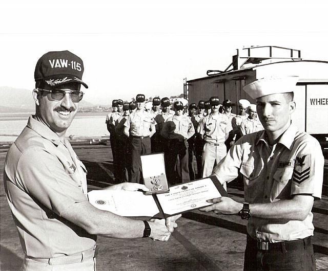 Award Ceremony w/ CDR Achille & myself at VAW-115 embarked aboard CV-41 in April 1988