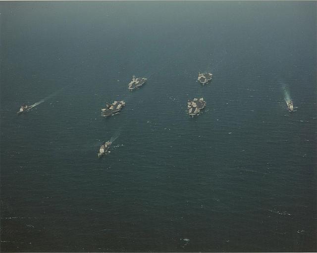 Carriers USS Midway, Ranger, Teddie Rosevelt, America and escort ships USS Leyte Gulf, Bunker Hill, and Normandy in the Persian