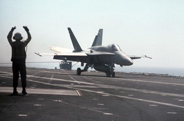 A Strike Squadron 151 (VFA-151) F/A-18A Hornet aircraft flown by CAPT Patrick D. Moneymaker, the commander of Carrier Air Wing 1