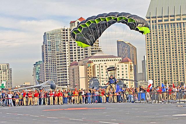 Skydiver landing on flight deck [11-11-09] - Clint Griffin photo