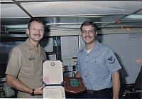 This is me after re-upping for 4 more. That is then CDR.Pat Moneymaker, C.O.of VFA-195, who went on to be the last pilot to trap