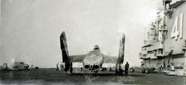 Experimental F7U Cutlass on the cruise in the Caribbean when we tested the cantered deck theory out.