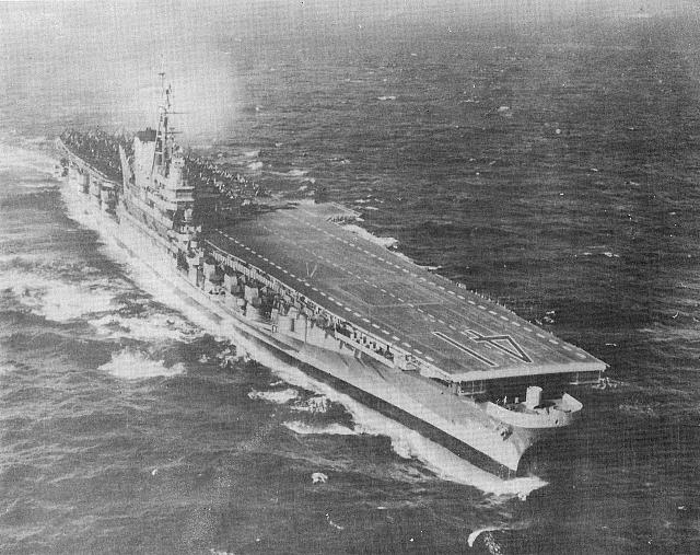 USS Midway late 1950.  Note bow  40MM have been landed.  Next refit placed dual 3?/50 in all former 40MM positions.