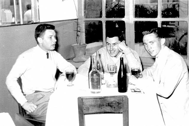 Ensigns Lee Shugart, Jerry O'Brien and Bill Doyle enjoying some wine during liberty on the Island of
Rhodes, Greece - 1953
