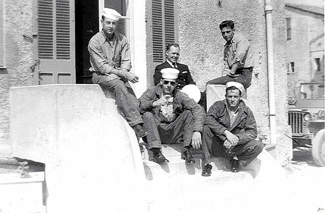SNJ Crew at Cannes Airfield April 1953 L-R - R. Milburn, Joe Sinking, Toman, (Rear) CPO Broulette, Bob Allwine - courtesy of Bob