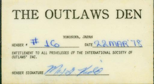 Max Kidd Outlaws Den Membership Card