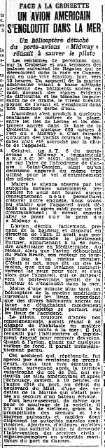 Midway SNJ Ditches Off the Coast of Cannes - 3/8/54 - Courtesy of Philippe Castellano. Article states the pilot LT Portner ditch