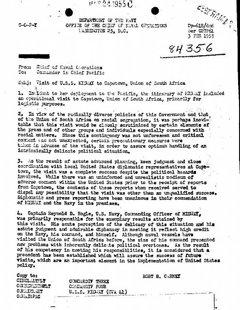 CNO attaboy to Midway for successful visit to Cape Town, South Africa - courtesy of Harry Ford