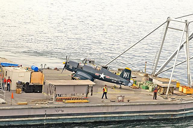 Barge with F4U approaching foot of Navy pier 11-11-09 - Clint Griffin photo