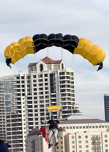 Skydiver landing on flight deck [11-11-09] - Clint Griffin photo