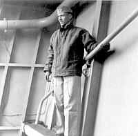 Ensign Bill Doyle at his replenishment station during Operation Mainbrace - Fall 1952